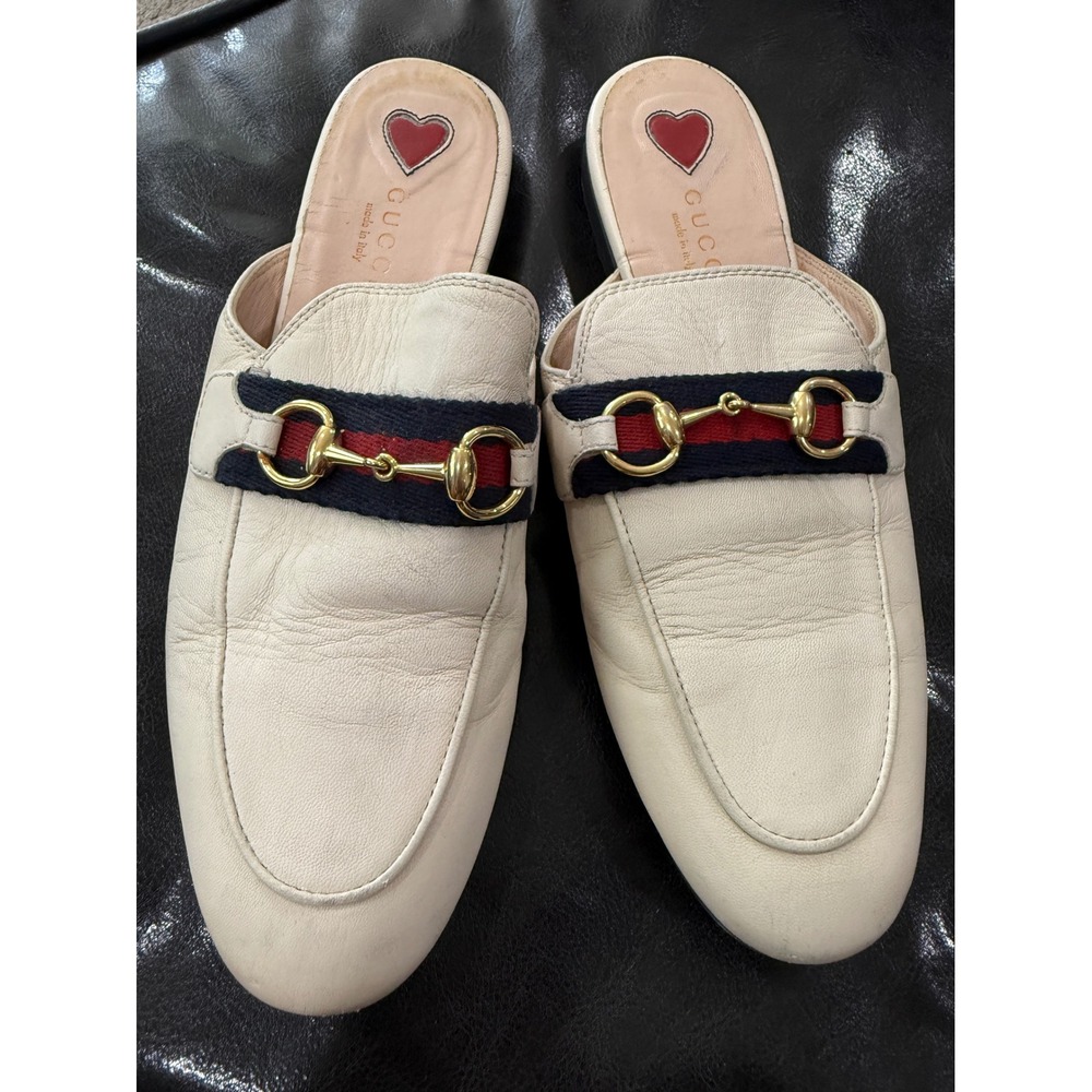 Gucci Princetown Mules Off-White‎ Leather Horsebit Web Stripe Slides Size 36 EU